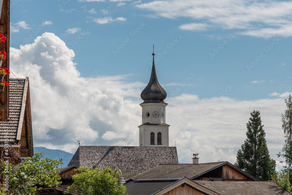 view to a village's church tower