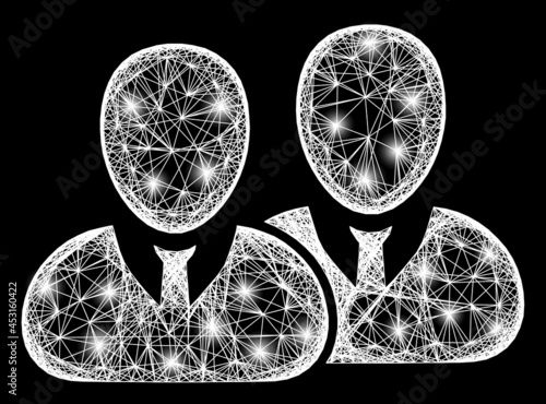 Bright net users carcass with light dots. Illuminated vector carcass created from users pictogram and crossing white lines. Sparkle carcass polygonal users, on a black backgound.