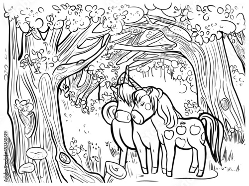 A pair of fabulous unicorns graze in a dense forest in a meadow, illustration for children, coloring antistress