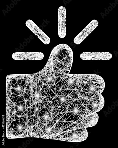 Glare crossing mesh shining thumb carcass with light spots. Constellation vector frame created from shining thumb icon and crossing white lines. Sparkle frame mesh shining thumb, on a black backgound.