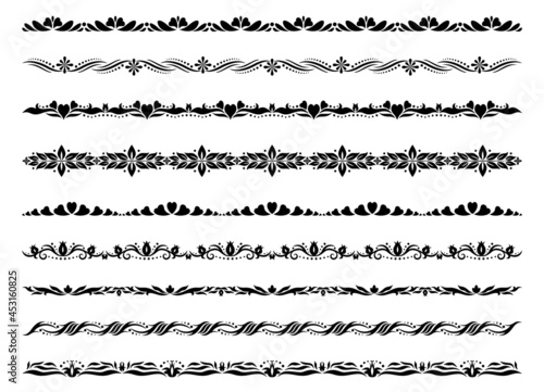 Border ornaments. Floral stripe patterns. Page decors. Set of decorative dividers. Frame templates. Design elements for invitations and holiday cards.