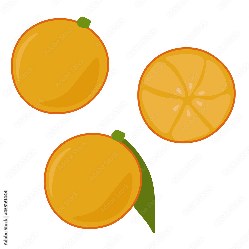 Orange whole and half, juicy citrus fruit for design Orange whole and half, juicy citrus fruit for design