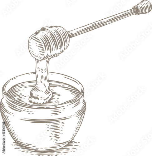 Isolated honey stick and glass jar with honey