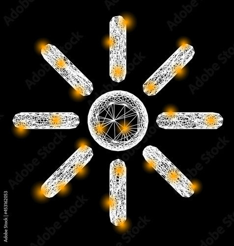 Flare net mesh sunshine model with glowing spots. Constellation vector model created from sunshine symbol and crossed white lines. Sparkle constellation mesh sunshine, on a black backgound.