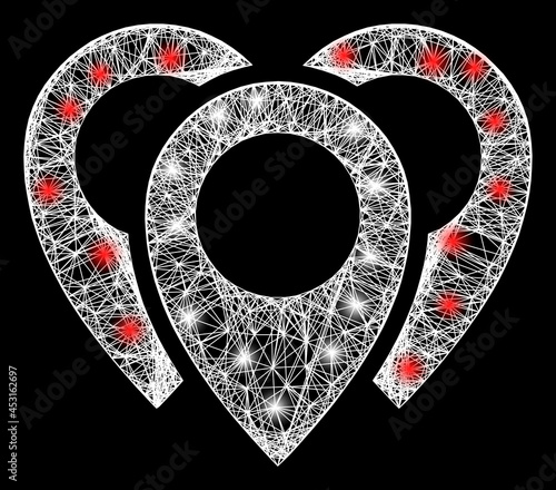 Shiny crossing mesh map markers carcass with light spots. Constellation vector frame created from map markers symbol and crossing white lines. Sparkle constellation mesh map markers,