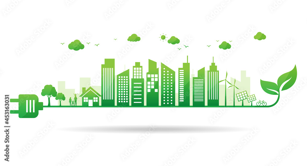green ecology city energy plug power. city environmental sustainable. eco friendly. save nature and world concept. isolated on white background. vector illustration in flat style modern design.