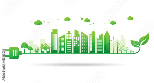green ecology city energy plug power. city environmental sustainable. eco friendly. save nature and world concept. isolated on white background. vector illustration in flat style modern design.