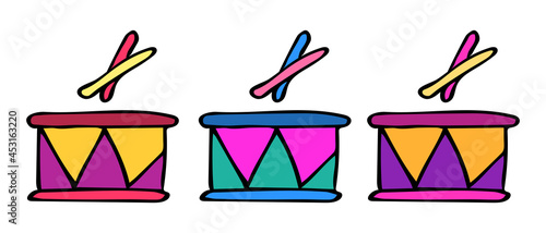 Set of color drums vector illustrations. Hand drawn icon and symbol for print on baby clothes, poster, sticker, card design, textile. Cartoon design elements. 