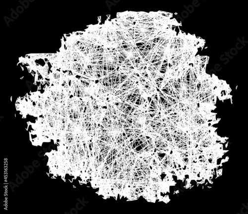 Glowing network charcoal textured spot carcass with bright dots. Constellation vector mesh created from charcoal textured spot icon and crossing white lines.