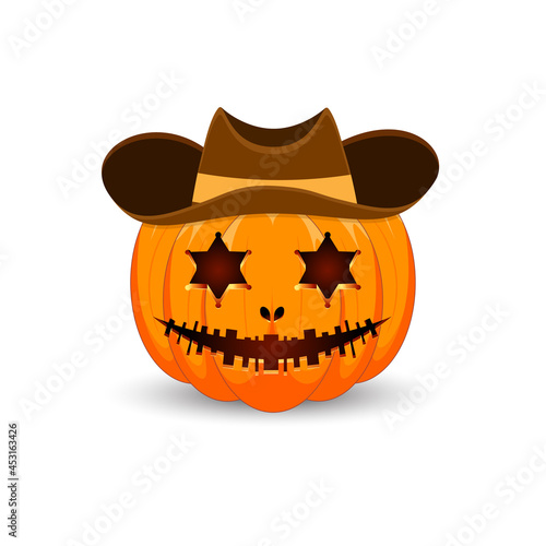 Pumpkin on white background. The main symbol of the Happy Halloween holiday. Scary orange pumpkin with hat sheriff for your design for the holiday Halloween.