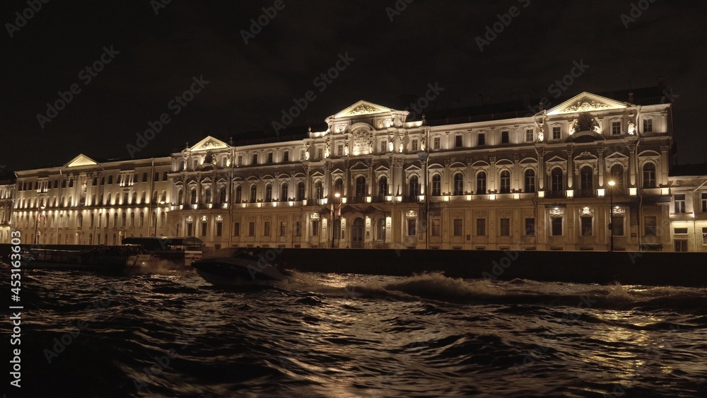Night architecture in St. Petersburg view from the ferry.