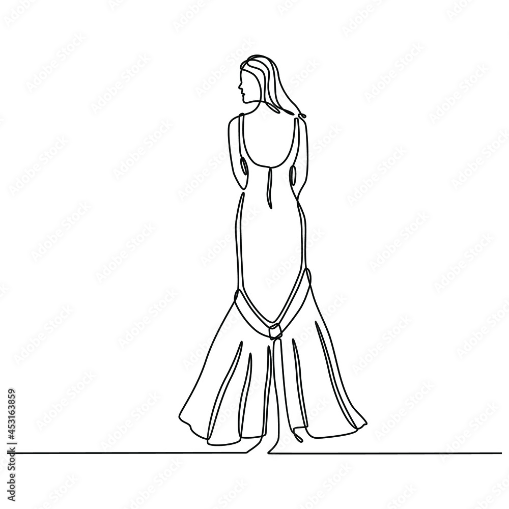continuous line drawing of woman in wedding dress back view vector ...