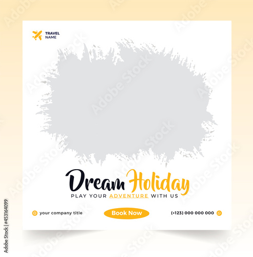 travel sale social media post template. Travelling agency business offer promotion banner design with logo & icon. Online digital marketing flyer. Summer holiday tour advertisement poster