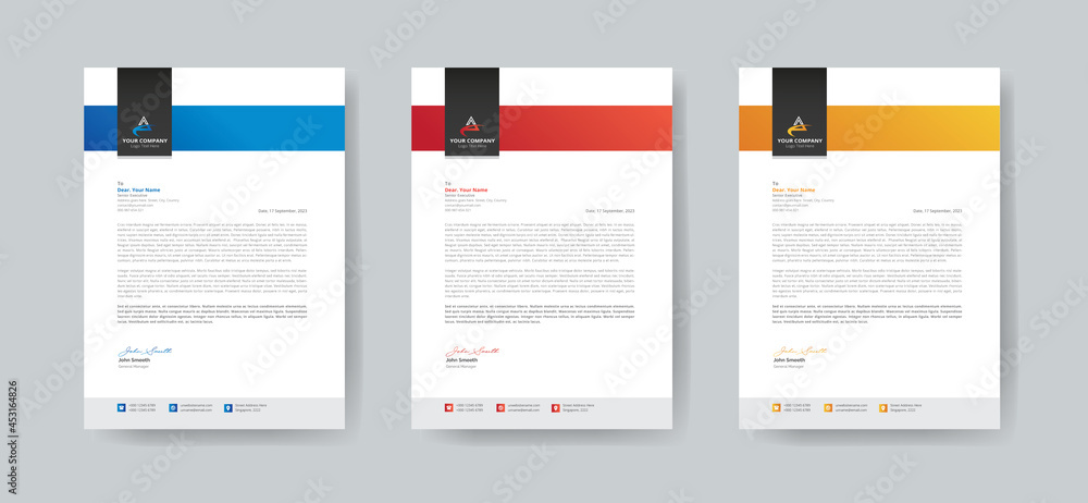 business letterhead design in 3 colorful accents for corporate office. Vector design illustration. Simple & creative modern corporate letterhead design template