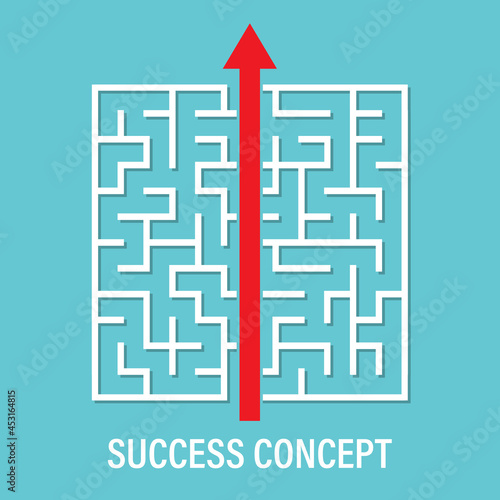 red arrow shortcut through maze on blue background. entry and exit to goal. success concept. Labyrinth puzzle game and problem solving