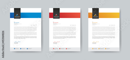 business letterhead design in 3 colorful accents for corporate office. Vector design illustration. Simple & creative modern corporate letterhead design template