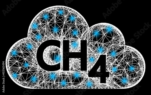 Shiny crossing mesh methane gas carcass with bright dots. Illuminated vector carcass created from methane gas symbol and crossing white lines. Sparkle carcass mesh methane gas, on a black backgound.