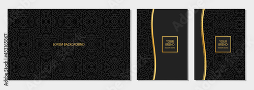 Abstract black banner, cover design set, horizontal and vertical vector template. Geometric volumetric convex ethnic 3D pattern. Oriental, Indonesian, Mexican, Aztec motives.