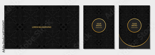 Unique black banner, cover design set, horizontal and vertical vector template. Geometric volumetric convex ethnic 3D pattern. Oriental, Indonesian, Mexican, Aztec motives.