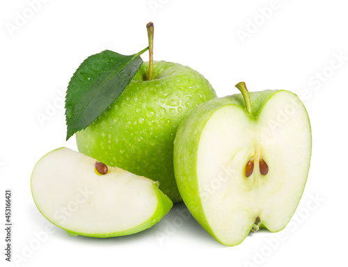 Ripe juicy green apple and half of apple isolated on white background. Fresh fruits.