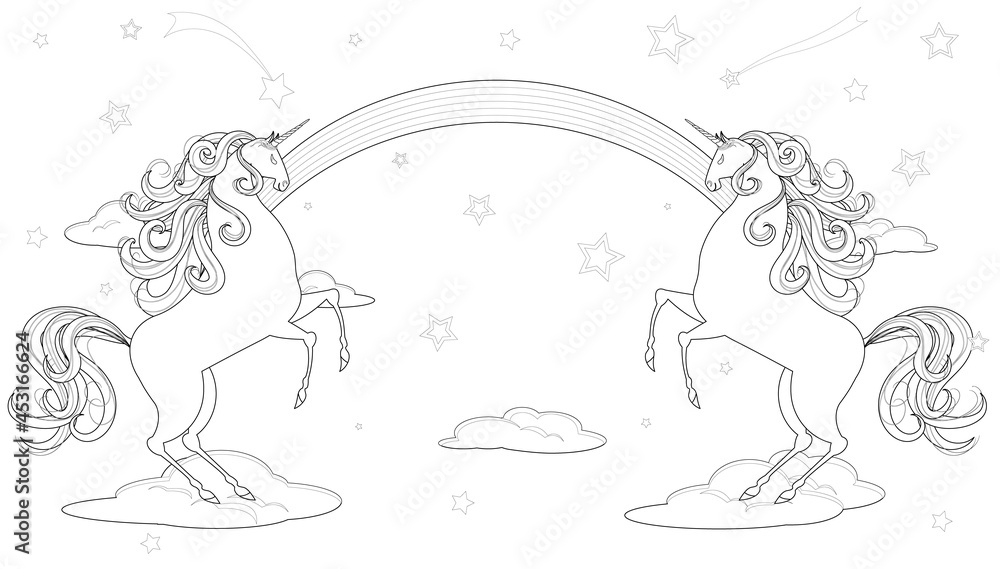 Linear vector drawing of two unicorns standing on their hind legs on the clouds against a background of rainbows and stars. Design for coloring, tattoo, stained glass, etc.