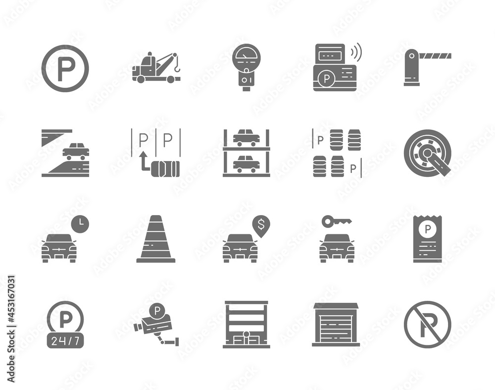 Set of Car Parking Grey Icons. Tow Truck, Car Wheel Lock, Traffic Cone and more. Set of Car Parking Grey Icons. Tow Truck, Car Wheel Lock, Traffic Cone and more.