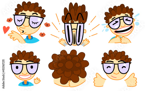 Cheerful red-haired guy with curly hair in different emotions. Boy with glasses for stickers and postcards. Emotions: love, shock, surprise, laughter, greeting, despair, sleep, approval.
