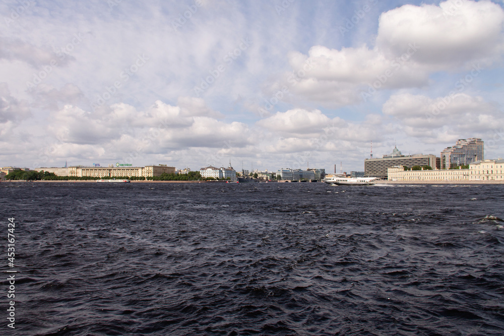 city view from the Neva River embankment, St. Petersburg, June 2021