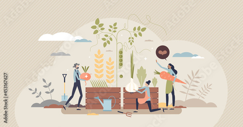 Organic farming as grow food with sustainable method tiny person concept. Plant harvesting using green and nature friendly manure vector illustration. Ecological agriculture for responsible local food