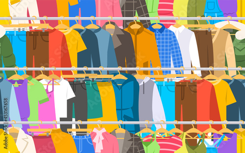 Men and women clothes on long hanger racks seamless pattern. Many different garments hanging on store hanger stands. Flat cartoon vector background.