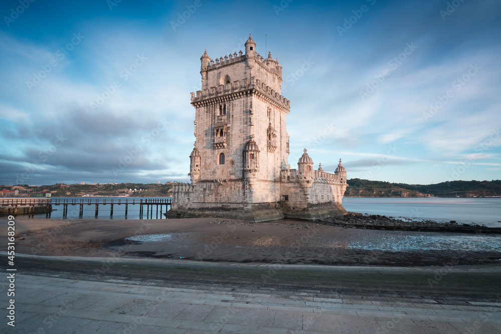 View of the iconic Belem Tower (Torre de Belem) in the bank of the Tagus River, in the city of Lisbon, Portugal. Unesco world heritage. 