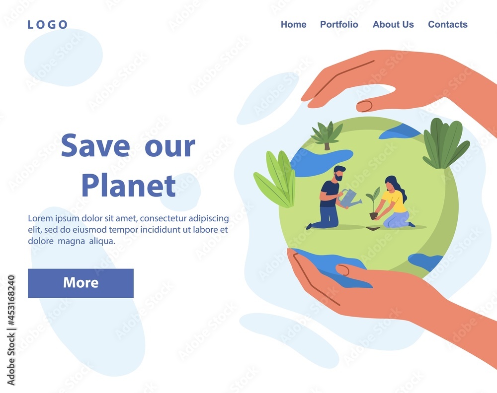 Caring for planet and environment. People preserve flora and fauna of Earth. Characters plant tree. Globe in hands of man. Layout for landing. Cartoon flat vector illustration on white background