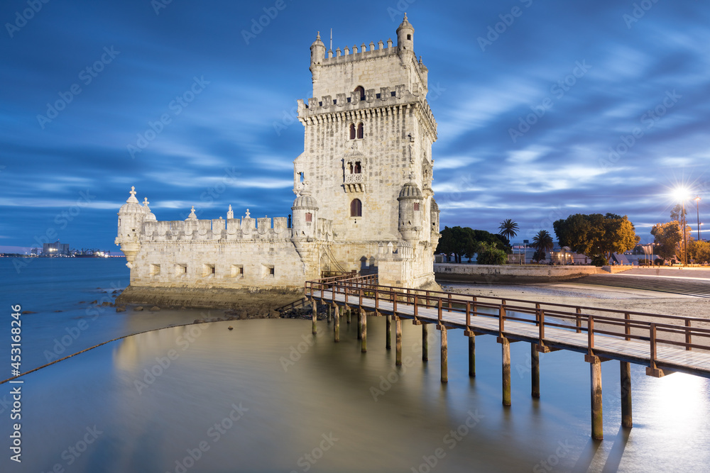 View of the iconic Belem Tower (Torre de Belem) in the bank of the Tagus River, in the city of Lisbon, Portugal. Unesco world heritage. 