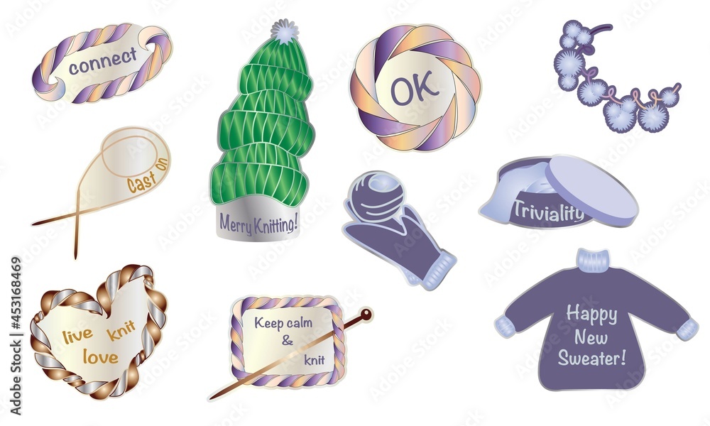 Naklejka premium Christmas stickers set in gradient jewelry colors for scrapbooking. Knitting stuff, gift box, sweater, mittens, knitting needles, skein, and Christmas tree of warm hats. Fun handmade stickers 
