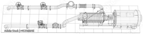Wire-frame line pumping unit isolated on white. Vector rendering of 3d.