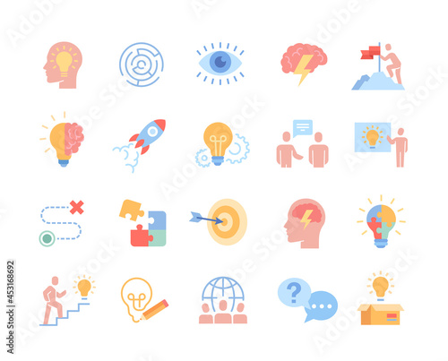 Colorful collection of stickers of successful team. Icons on business topics with metaphor of ideas, achievements and goals. Cartoon line art flat vector collection isolated on white background