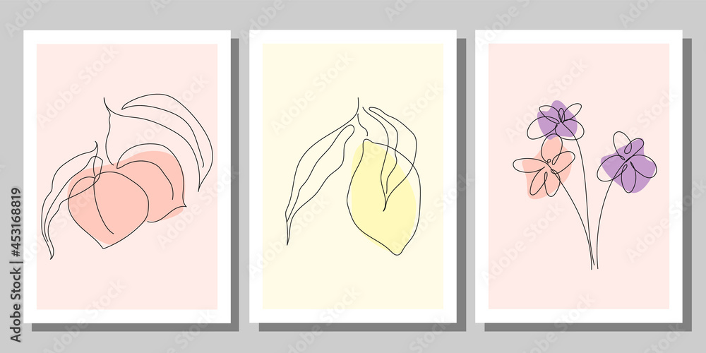 Trendy set of minimalist botanical line art vector illustration with peach, lemon, flowers. Good for print, card, poster, wallpaper, interior design 