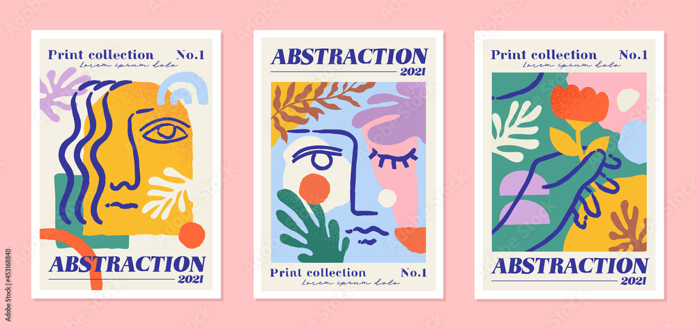 Abstract collection of postcards. Set of posters with geometric shapes, boho style girls faces, flowers. Design elements for site and wall decoration. Modern vector collage isolated on pink background
