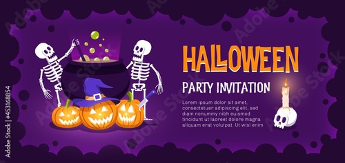 Halloween party invitation with pumpkins witch cauldron and skeletons. Halloween flyer template. Vector illustration.