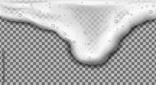 Realistic beer foam concept. Bubbles of alcoholic beverage. Champagne, detergent or wave. Design element for bar menus and advertising banner. 3D vector illustration isolated on transparent background