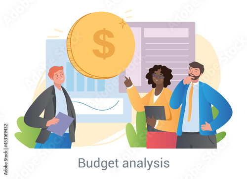 Budget management concept. Female accountant explains to clients rules for calculating income and taxes. Financial condition of company. Cartoon flat vector illustration isolated on white background