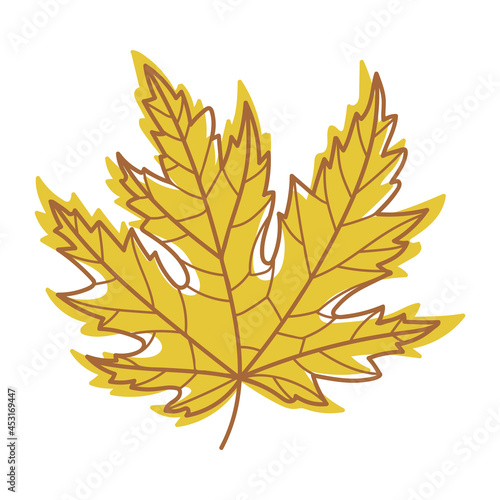 Yellow Autumn Maple Leaf with Veins as Seasonal Foliage on Stem Vector Illustration