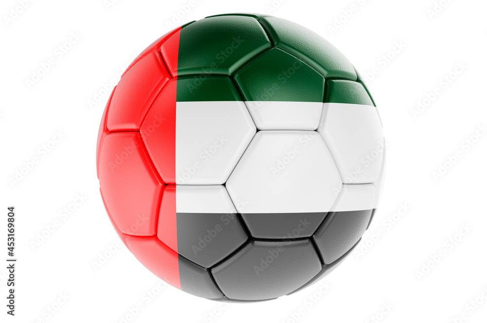 Soccer ball or football ball with The United Arab Emirates flag, 3D rendering Soccer ball or football ball with The United Arab Emirates flag, 3D rendering