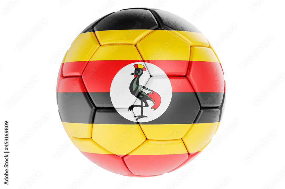 Soccer ball or football ball with Ugandan flag, 3D rendering Soccer ball or football ball with Ugandan flag, 3D rendering