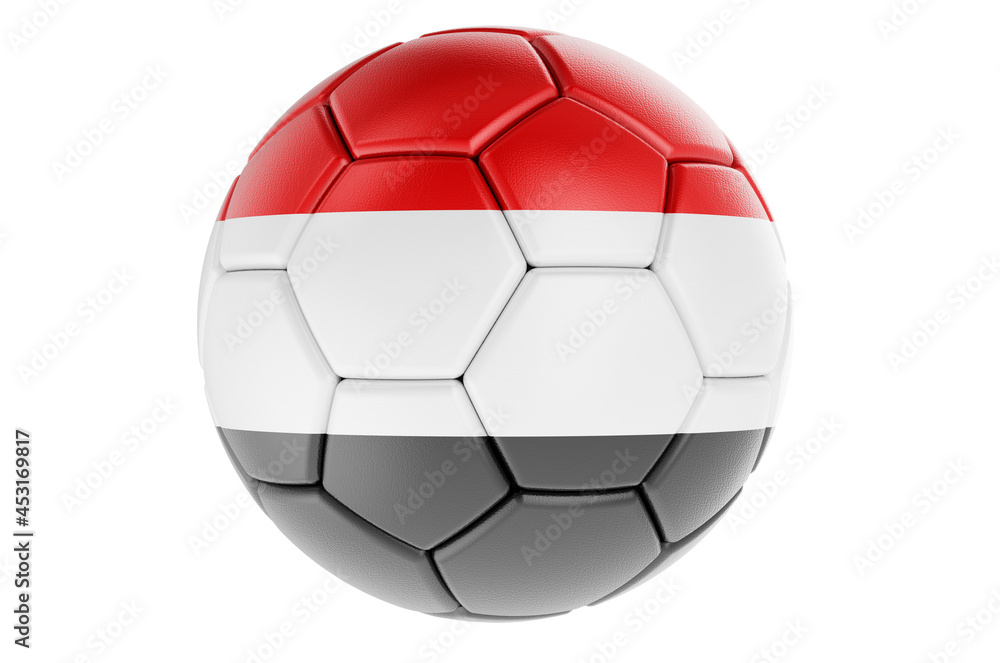 Soccer ball or football ball with Yemeni flag, 3D rendering Soccer ball or football ball with Yemeni flag, 3D rendering
