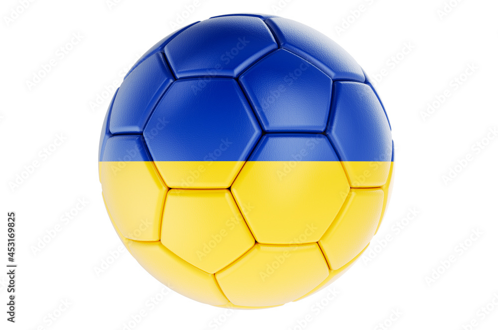 Soccer ball or football ball with Ukrainian flag, 3D rendering