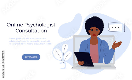 Psychologist online. African american woman psychotherapist consults by video call on laptop. eTherapy. Psychotherapeutic, psychiatric aid. Web page template.