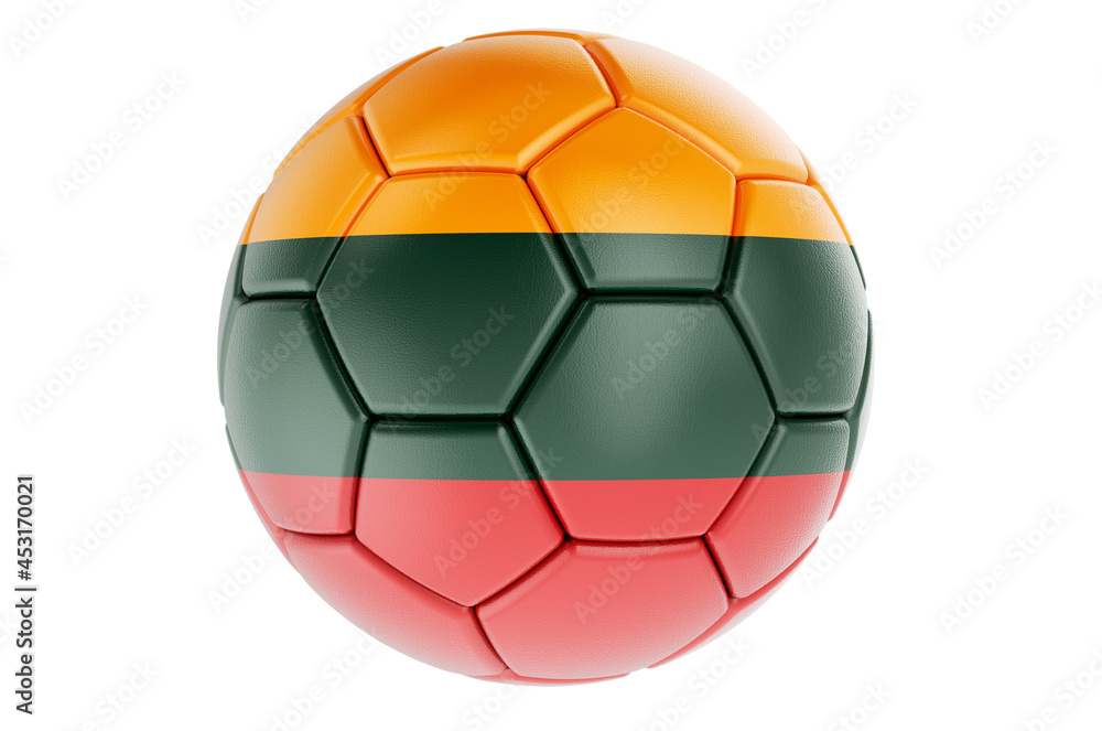 Soccer ball or football ball with Lithuanian flag, 3D rendering Soccer ball or football ball with Lithuanian flag, 3D rendering