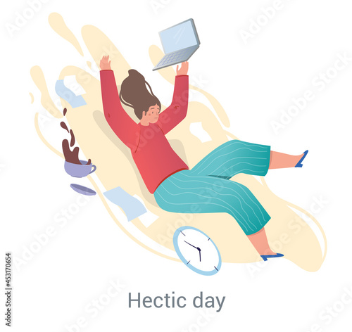 Busy employee concept. Woman with laptop and cup of coffee does not have time to complete task on deadline. Planning working day. Cartoon flat vector illustration isolated on white background