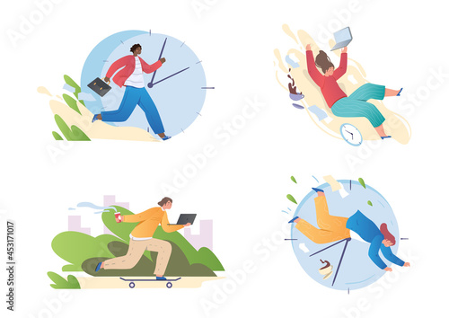 Collection of characters rushing to work. Crazy working day for men and women. Employees run to office and have time to hand over project. Cartoon modern flat vector set isolated on white background